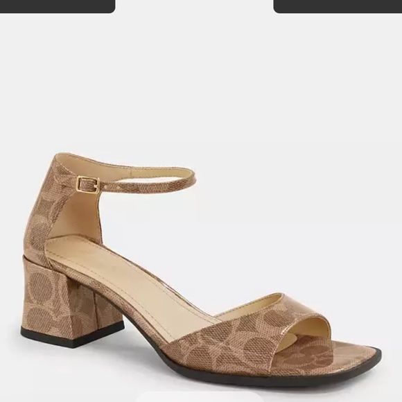 New Coach Tan Block Heel Sandal In Signature Canvas - Picture 1 of 4